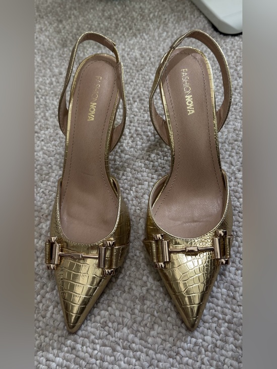 Fashion Nova Shoes - Fashion Nova Metallic Gold Croc-Embossed Pointed Slingback Heels